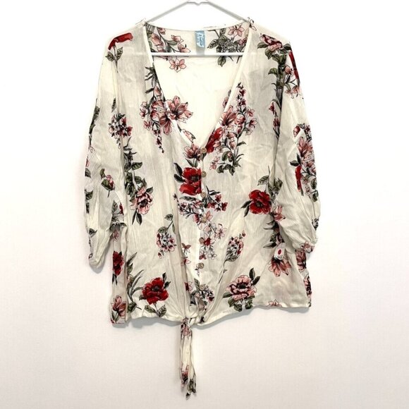 NEW NWT M FASIS Plus Size Tie Front Top Cream Ivory Floral Elbow Sleeve Blouse - Picture 2 of 12